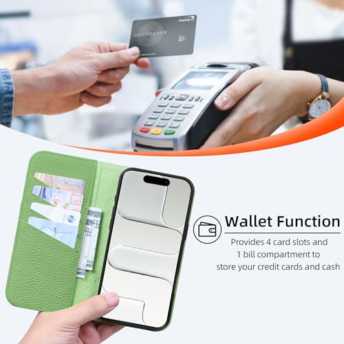 VISOUL Pebbled Leather Wallet Case for iPhone 17 Pro Max 6.9" 2025, Genuine Leather Flip Folio Cover with RFID Blocking Card Holders, Kickstand, Soft TPU Protective Flip Cover -Dark Green+Green - color: Dark Green+Green