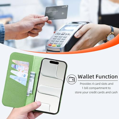 VISOUL Pebbled Leather Wallet Case for iPhone 17 Pro Max 6.9" 2025, Genuine Leather Flip Folio Cover with RFID Blocking Card Holders, Kickstand, Soft TPU Protective Flip Cover -Dark Green+Green - color: Dark Green+Green