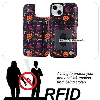HAOPINSH for iPhone 13/14 Wallet Case with Card Holder, Halloween Pumpkin Pattern Back Flip Case PU Leather Kickstand Card Slots Case for Women Girls, Double Magnetic Clasp Shockproof Cover 6.1" - color: Halloween Pumpkin