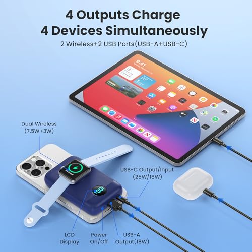 Magnetic Portable Charger for iPhone and Apple Watch, 10800mAh 25W PD Fast Charging USB C Power Bank, 4 Outputs Dual-Side Magnet Travel Essentials Battery Pack for iPhone 18/17/16/15/14/13/12, Blue - color: Blue