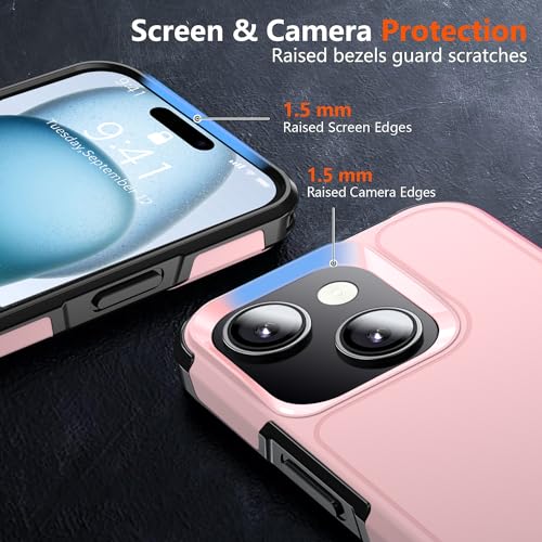 Shockproof for iPhone 15 Case,[15 FT Military Grade Drop Protection],with 2X [Tempered Glass Screen Protector ] with Air Bumpers Full-Body Protective Phone Case,Pink Black - color: Pink Black
