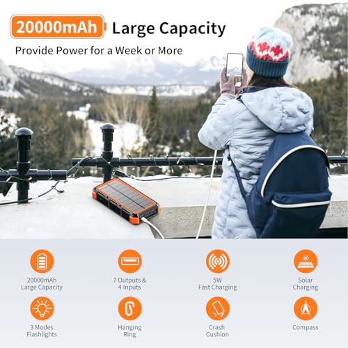Solar Charger Power Bank 20000mAh Wireless Charger QC 3.0 Fast Charging Power Bank 8 Outputs 4 Inputs Solar Portable Charger Compatible with All Mobile Devices,SOS/Strobe/Strong Flashlights (orange)