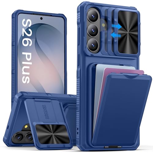 SSLOTSCASE for Samsung Galaxy S26+ Plus Case with Stand & Credit Card Holder & Sliding Camera Cover & Wallet, Heavy-Duty Rugged Silicone Edge Protective Case Cover for S26+ Plus 5G 6.7" 2026, Blue - color: Blue, size: S26+ Plus