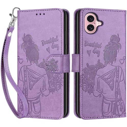 Wallet Case for iPhone 16, Purple Girl | Women Flip Folio Cover, Embossed PU Leather, Stand, Credit Card Holders Slots, Wrist Strap - color: 10
