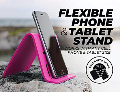 IFlex Cell Phone Stand and Tablet Stand for Air Travel, Work and Home- Flexible Phone Holder is The Perfect iPhone Stand and Holds Any Mobile Device- Non-Slip Grip, Strong and Durable- Neon Pink