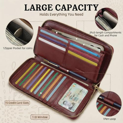 APHISON Wallet Women Large Capacity Clutch Purse For Ladies Card Holder RFID Wristlet Phone Zipper Coin Travel Pocket - color: 09-magenta