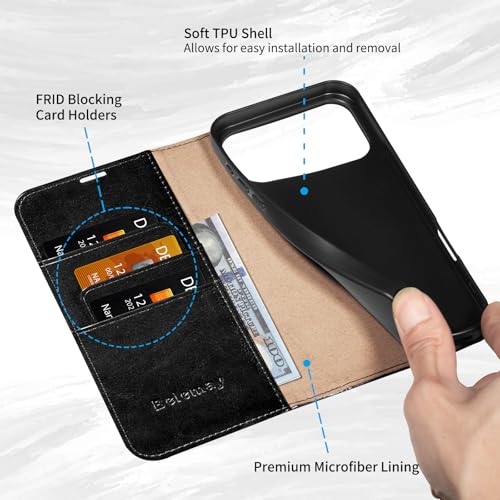 Belemay Leather Wallet Case Compatible with iPhone 17 Pro Max, Premium Cowhide Leather Two-Tone Effect, RFID Blocking Card Holders, Shockproof TPU Shell, Kickstand, Protective Flip Cover, 6.9", Black - color: Black, size: iPhone 17 Pro Max