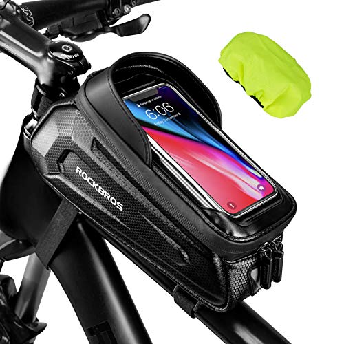 ROCKBROS Bike Phone Bag, [Oversized] EVA Waterproof Bike Top Tube Bag | Phone Holder Bicycle 1.7L Capacity Pouch Fits Phones With Case Under 7.2",E-Bike Accessories Straps Fit All Frames - color: Black - Hook and Loop - 1.7L
