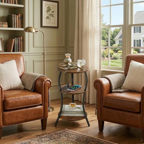 YEAKOO Small Side Table with Charging Station,3-Tier Round end Table - color: Rustic Brown, style: USB Charger