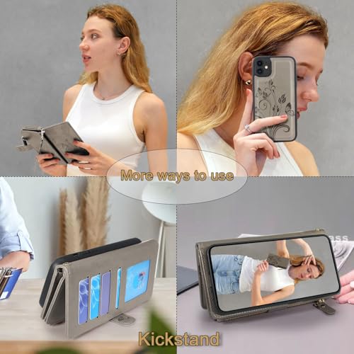 Case Wallet Compatible with iPhone 16e/17e, [12 Card Slots] ID Credit Cash Holder Zipper Pocket Detachable Leather Wallet Cover with Wrist Strap Lanyard（Floral Gray） - color: Floral Gray