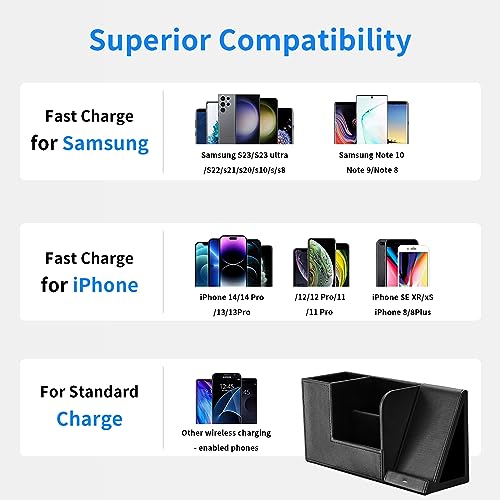 Wireless Charger with Desk Organizer, Fast Charging Station for iPhone 15 14 13 12 11 Pro Max/Samsung Galaxy S23/S22/S21/S20/Z Flip/Fold 5, Desk Phone Charger Stand Office Desktop Organizer Leather