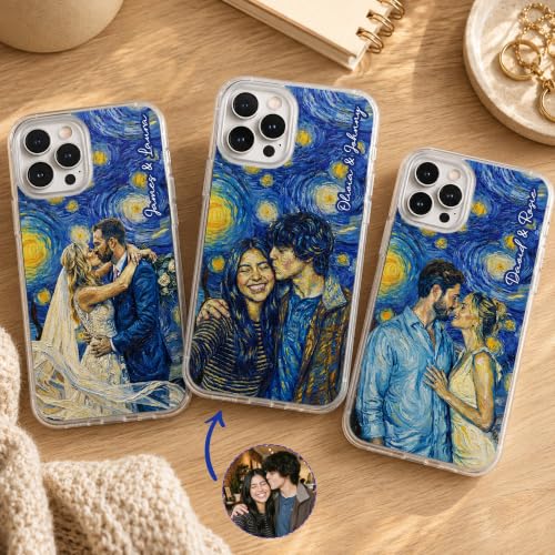 Custom Couple Photo Starry Night Art Matching Phone Case Anniversary Presents - Personalized Phone Case Custom Photo Impressionist Oil Painting Artistic Protective Cell Cover Smartphone Shell