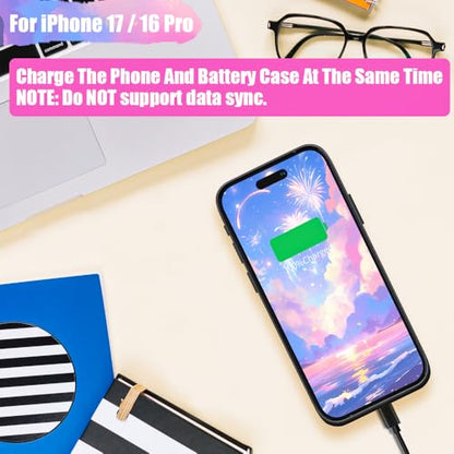 Battery Case for iPhone 17 / iPhone 16 Pro, 5000mAh Rechargeable Extended Battery Charging/Charger Case, Add 100% Extra Juice (6.3 Inches) Black