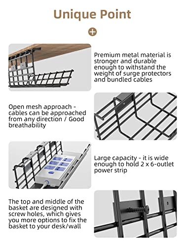 2 Pack DELAMU Under Desk Cable Management Tray, Large Metal Cord Organizer, Office & Home Cord Wire Management Under Desk Shelf, Easy Install Pre-drilled Cable Organizer, Black - size: 2 Pack