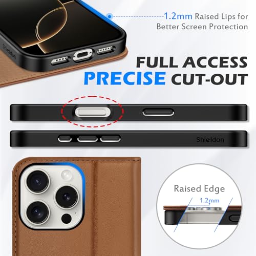 SHIELDON Real Leather Case Wallet for iPhone 16 Pro Max 6.9", Saddle Brown | Flip Magnetic Cover, RFID Blocking, Credit Card Slot, Kickstand, Book Design, Soft Shockproof Phone Shell - color: Saddle Brown