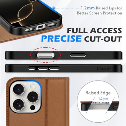 SHIELDON Real Leather Case Wallet for iPhone 16 Pro Max 6.9", Saddle Brown | Flip Magnetic Cover, RFID Blocking, Credit Card Slot, Kickstand, Book Design, Soft Shockproof Phone Shell - color: Saddle Brown