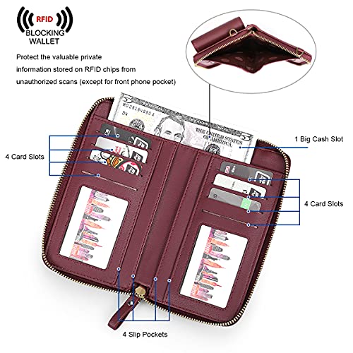S-ZONE Small Crossbody Bags for Women Phone Purse RFID Blocking Wallet | Card Slots, Vegan Leather, Anti-theft, Multi Pockets, Detachable Adjustable Strap, Travel Eveyday Outing - color: Dark Red