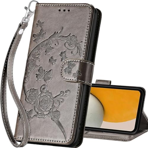 for Samsung Galaxy A15 5G Wallet case, Gray Flower | 3 Card Holders, Kickstand, Shockproof TPU Shell, PU Leather, Magnetic Closure, Protective Flip Folio Cover, Women - color: 9