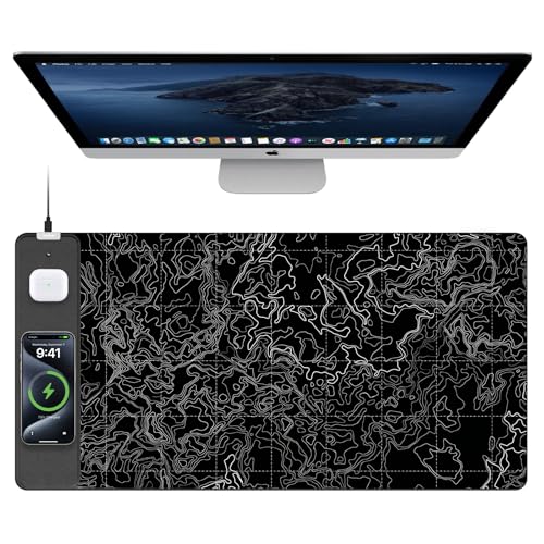 Mouse Pad with Wireless Charging, Large Desk Mat, Black Topographic Map #3 - color: Black Topographic Map #3