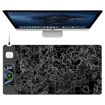 Mouse Pad with Wireless Charging, Large Desk Mat, Black Topographic Map #3 - color: Black Topographic Map #3