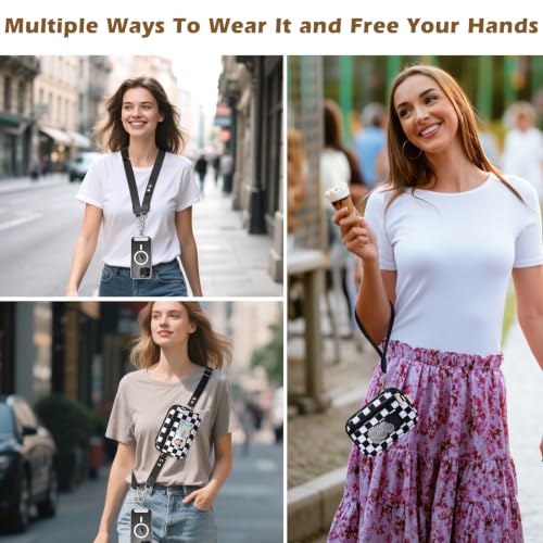MoKo Adjustable Phone Crossbody Lanyard with Detachable RFID Wallet - color: Black & White Grid