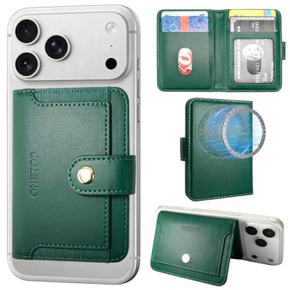 ONETOP for MagSafe Wallet,Magnetic Phone Wallet with 5 Card Slots,Green | 1-12 Cards/Cash Holder for iPhone 17/16/15/14/13/12 Series,Detachable Wallet Stick-On Back,PU Leather RFID Blocking Kickstand - color: Green