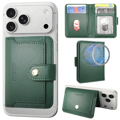 ONETOP for MagSafe Wallet,Magnetic Phone Wallet with 5 Card Slots,Green | 1-12 Cards/Cash Holder for iPhone 17/16/15/14/13/12 Series,Detachable Wallet Stick-On Back,PU Leather RFID Blocking Kickstand - color: Green