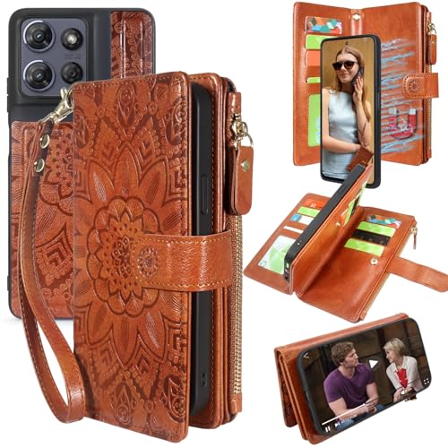 Harryshell Detachable Wallet Leather Case Compatible with Motorola Moto G Power 2025 / G Power 2026 Magnetic Phone Case Zipper with Cash Coin Pocket Multi Card Slots Holder Wrist Strap (Flower Brown) - color: Flower Brown, size: Moto G Power 2025 / Moto G