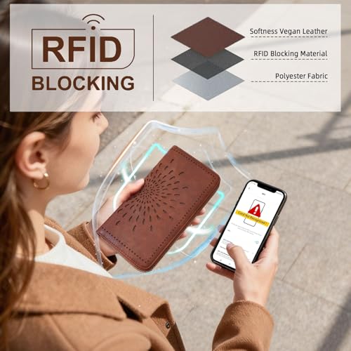 APHISON Wallet Women Large Capacity Clutch Purse For Ladies Card Holder RFID Wristlet Phone Zipper Coin Travel Pocket - color: 05-brown