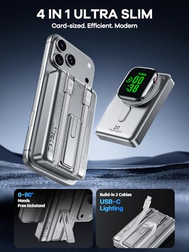 Magnetic Portable Charger 10000mAh USB-C Power Bank for iPhone & AppleWatch - color: Grey