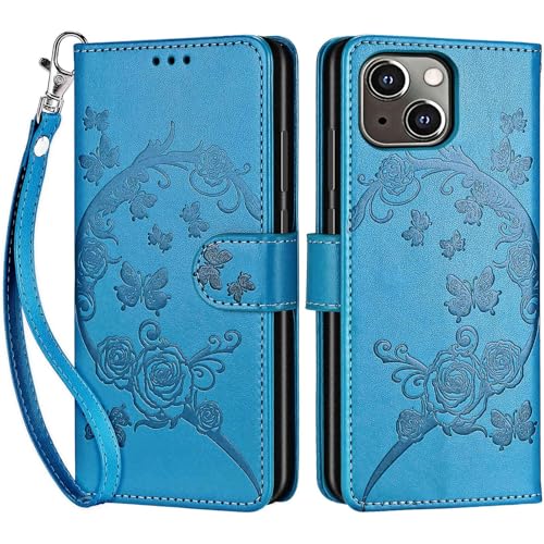for iPhone 13/14 Wallet case, Blue-Flower | 3 Card Holders, Kickstand, Shockproof TPU Shell, PU Leather, Magnetic Closure, Protective Flip Folio Cover, Women - color: 7