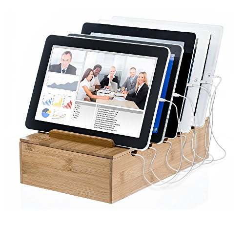 Prosumer's Choice Wooden Charging Station Organizer - 5-Port Base for Phones, Tablets and Laptops - Multi-Device Docking Station with Removable Divider Slots - Cord Box with Cable Management - Bamboo