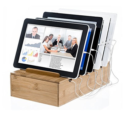 Prosumer's Choice Wooden Charging Station Organizer - 5-Port Base for Phones, Tablets and Laptops - Multi-Device Docking Station with Removable Divider Slots - Cord Box with Cable Management - Bamboo