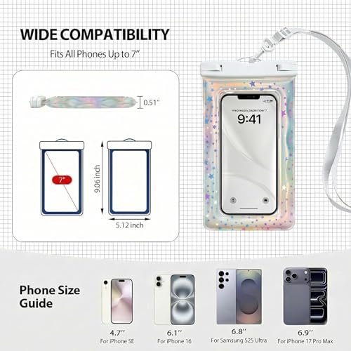 Floatable Waterproof Phone Pouch/Case with Crossbody Lanyard for iPhone 17 16 Pro Max/15/14, IP68 Cellphone Dry Bag Beach Cruise Ship Essentials, 1 Pc-Iridescent Star Style-7″ - color: B8-Iridescent star style