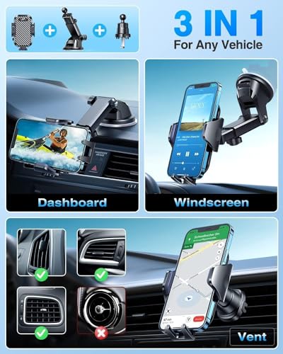 VANMASS Car Phone Holder 2026 Ultimate Military-Grade Strongest Suction & Clip Windshield Dashboard【Newest Best Strongest】 Cell Phone Automotive Dash Gauge Accents for iPhone 18 Pro Max 17 16 15 14 - color: Black