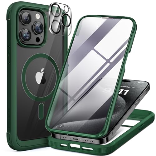 Miracase Magnetic for iPhone 12 Pro Max Case [Compatible with MagSafe] Full-Body Phone case with Built-in Glass Screen Protector& Camera Protector, Military Drop Proof 12 Pro Max Cover, Green - color: Magnetic Green, size: iPhone 12 Pro Max