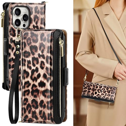 Antsturdy Crossbody Phone Wallet Case for iPhone 15 Pro,Leopard - Brown | RFID Blocking,PU Leather Flip Cover,Kickstand,with Credit Card Holder,Wrist Strap Lanyard & Handbag Purse,for Women & Men - color: (Crossbody) - Leopard-Brown
