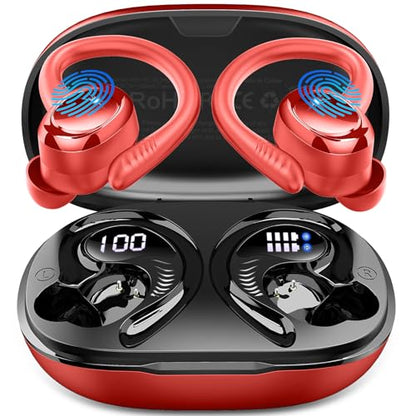 Hupoaf Wireless Earbuds Sport, NEW Bluetooth 5.4 Headphones with Earhooks, 50H Stereo Deep Bass Over Ear Buds with 4 ENC Noise Canceling Mics, IP7 Waterproof Earphones for Running Workout Gym -Red - color: A-Red