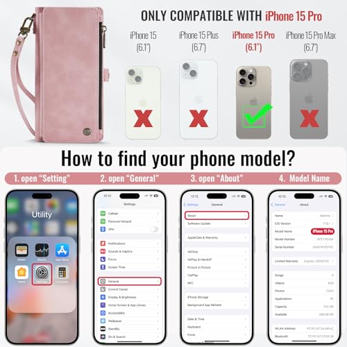 Defencase for iPhone 15 Pro Wallet Case with RFID Card Holder, Rose Pink | Durable Soft PU Leather, with Zipper Pocket, Wrist Strap, Fashion Snap Flip Phone Cases Cover with Stand for Women and Men - color: Pink