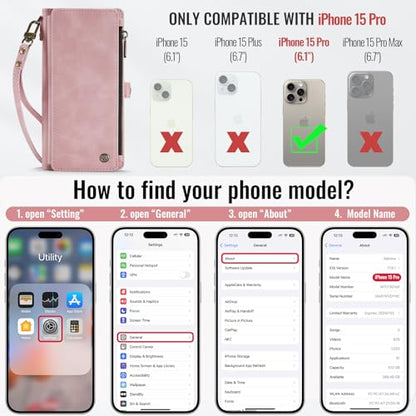 Defencase for iPhone 15 Pro Wallet Case with RFID Card Holder, Rose Pink | Durable Soft PU Leather, with Zipper Pocket, Wrist Strap, Fashion Snap Flip Phone Cases Cover with Stand for Women and Men - color: Pink
