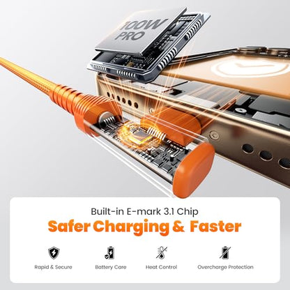 toocki 100W Right Angle Fast Charging USB C Cable, 2Pack, 6.6FT - color: Orange, size: 6.6+6.6FT