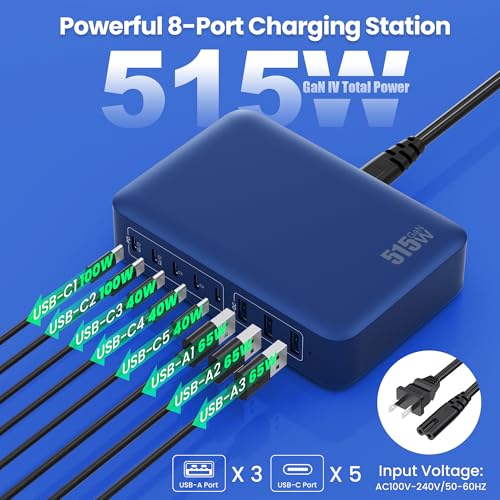USB C Charger Block 515W[2025 Upgraded] GaN IV 8 Port Fast Charging Station Hub,Dual PD 100W USB C Laptop Charger Compatible with MacBook Pro/Air,iPad,iPhone 16/15,Galaxy S23/S24 Steam Deck Dell XPS - color: Deep Blue, size: 515W