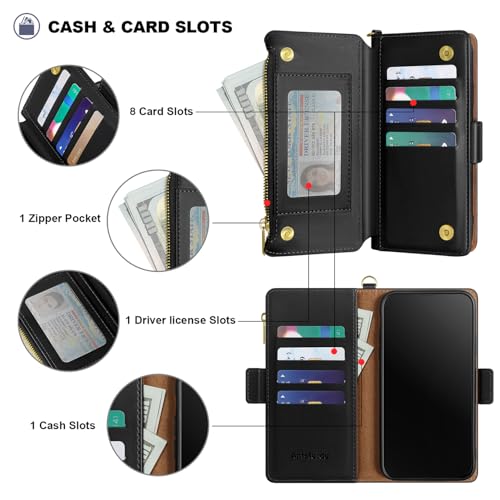 Antsturdy for iPhone 17 Pro Max Phone Wallet Case Women,Black | RFID Blocking,with Credit Card Holder Slots,PU Leather Purse,Zipper Pocket,Wrist Strap Kickstand,Flip Folio Cover for Men - color: Black