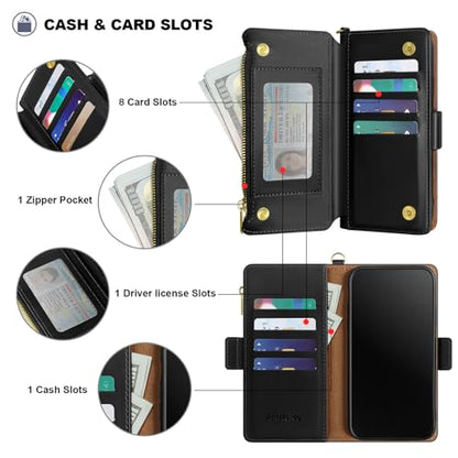 Antsturdy for iPhone 17 Pro Max Phone Wallet Case Women,Black | RFID Blocking,with Credit Card Holder Slots,PU Leather Purse,Zipper Pocket,Wrist Strap Kickstand,Flip Folio Cover for Men - color: Black
