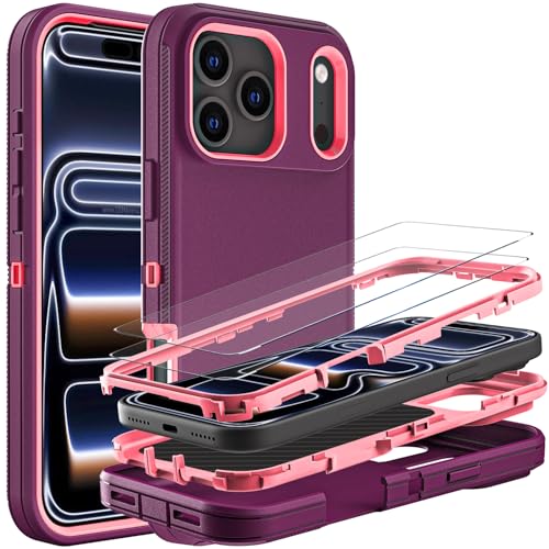 YKHJKLEC for iPhone 17 Pro Case, Military Grade 3 in 1 Heavy Duty Shockproof/Drop Proof/Dust Proof Case with 2Pcs Tempered Glass Screen Protector (Purple/Pink) - color: Purple/Pink