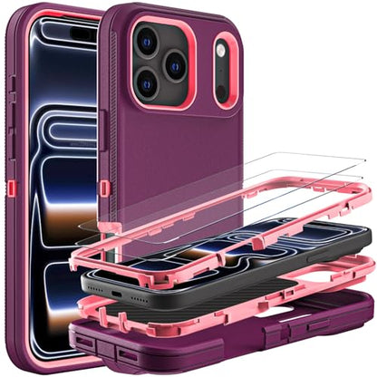 YKHJKLEC for iPhone 17 Pro Case, Military Grade 3 in 1 Heavy Duty Shockproof/Drop Proof/Dust Proof Case with 2Pcs Tempered Glass Screen Protector (Purple/Pink) - color: Purple/Pink