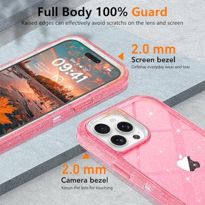TUTUKII for iPhone 15 Pro Case Pink Glitter | Heavy Duty Shockproof, Anti-Drop, Anti-Yellow,Triple-Layer Transparent Protective Phone Cover, 6.1" - color: Pink Glitter, size: iPhone 15 Pro 6.1"