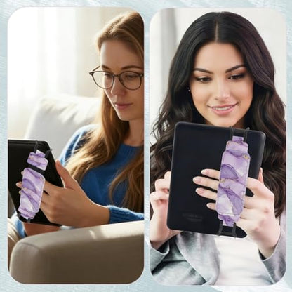 Secure Hand Strap for 6-7.5" Kindle and Tablets, Versatile Lightweight Faux Leather E-Book Grip Holder, Heavy-Duty E-Book Accessories for Reading Lover Gift (Purple Marble) - color: Purple Marble