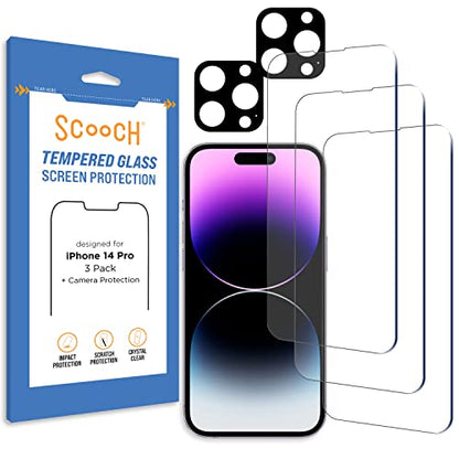 Scooch® Tempered Glass Multipack for iPhone 14 Pro, 3 Screen Protectors and 2 Camera Lens Protectors, Premium 9H Tempered Glass, Anti-Scratch, Anti-Fingerprint, Impact Resistant - size: iPhone 14 Pro