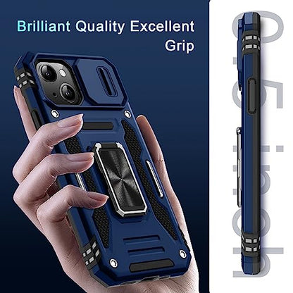 DEERLAMN Case for iPhone 13/iPhone 14 6.1-Inch with Slide Camera Cover+Screen Protector(2 Packs),Rotated Ring Kickstand Military Grade Shockproof Protective Cover-Navy Blue - color: Navy Blue